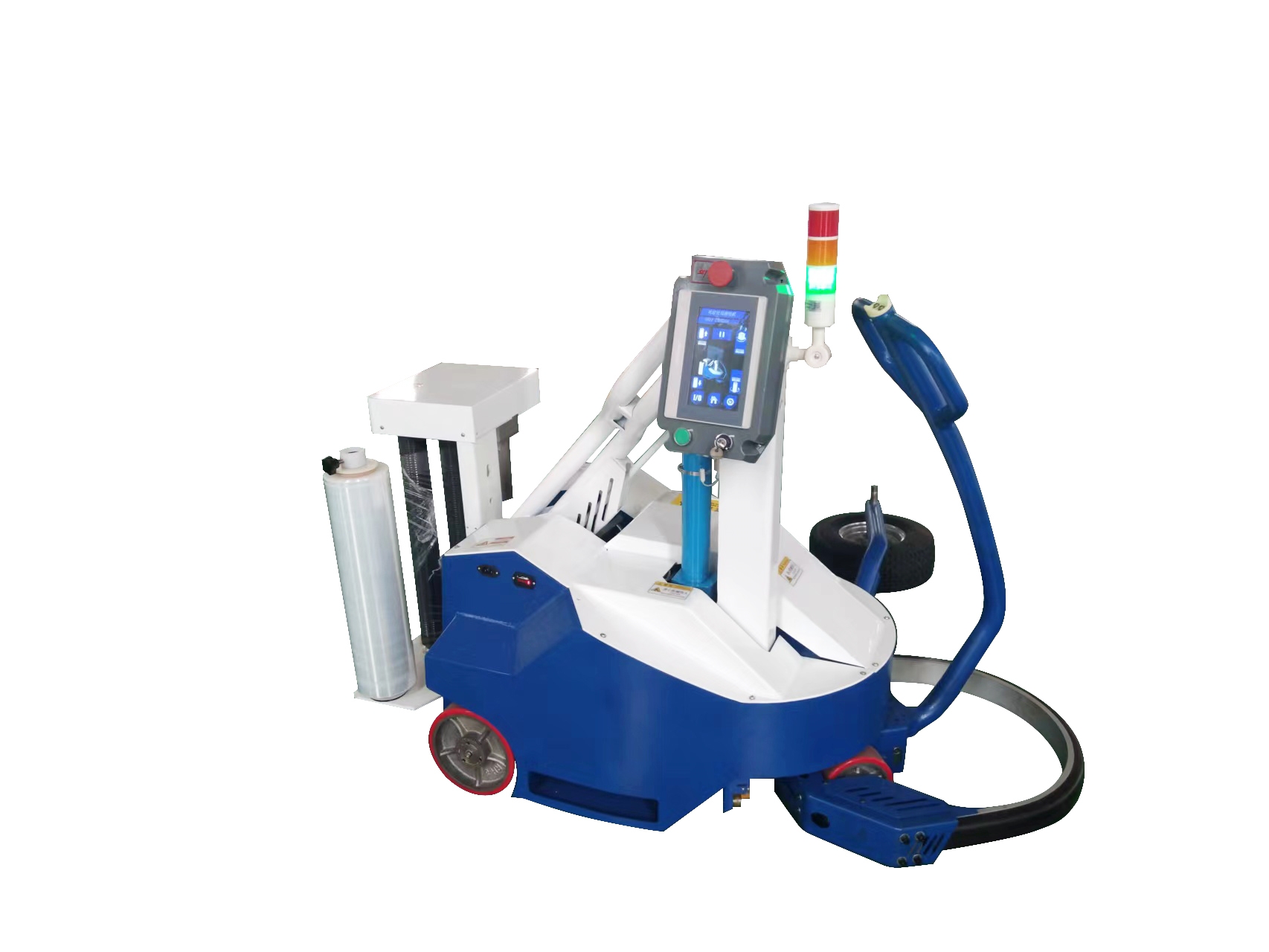 Curved arm self-propelled wrap-around packaging machine